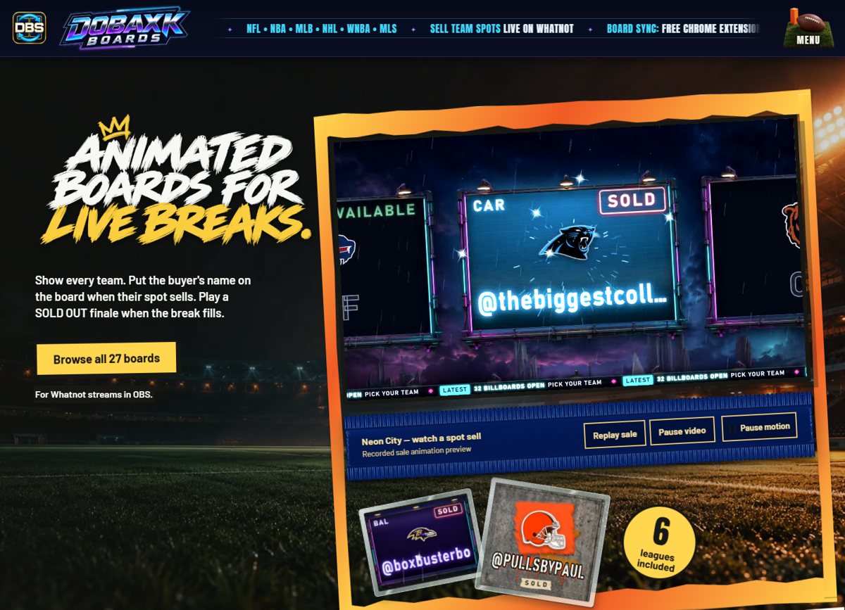 Dobaxk Boards homepage for animated live break boards