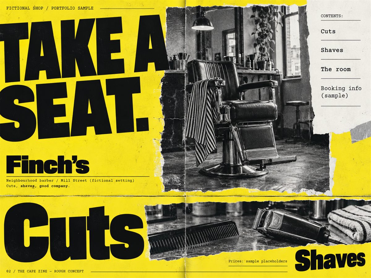Bold yellow paste-up barber homepage